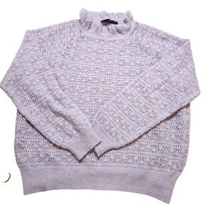 MNG Mango Medium Lavendar Pointelle Ruffle Neck Sweater Cottagecore Dainty